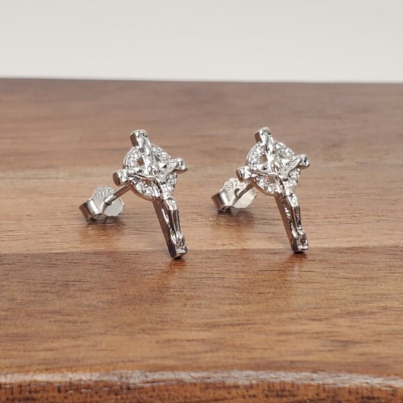 925 Sterling Silver Mens 2ct Diamond Cross Stud Earrings Guys Christian Jewelry - Picture 4 of 4